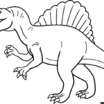 Black and white line art of a Spinosaurus with a large dorsal sail, standing in a profile view, ready for children to color.