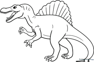 Black and white line art of a Spinosaurus with a large dorsal sail, standing in a profile view, ready for children to color.