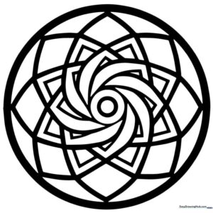 Black and white line art of a spiral mandala with intricate geometric patterns, designed for children to color.