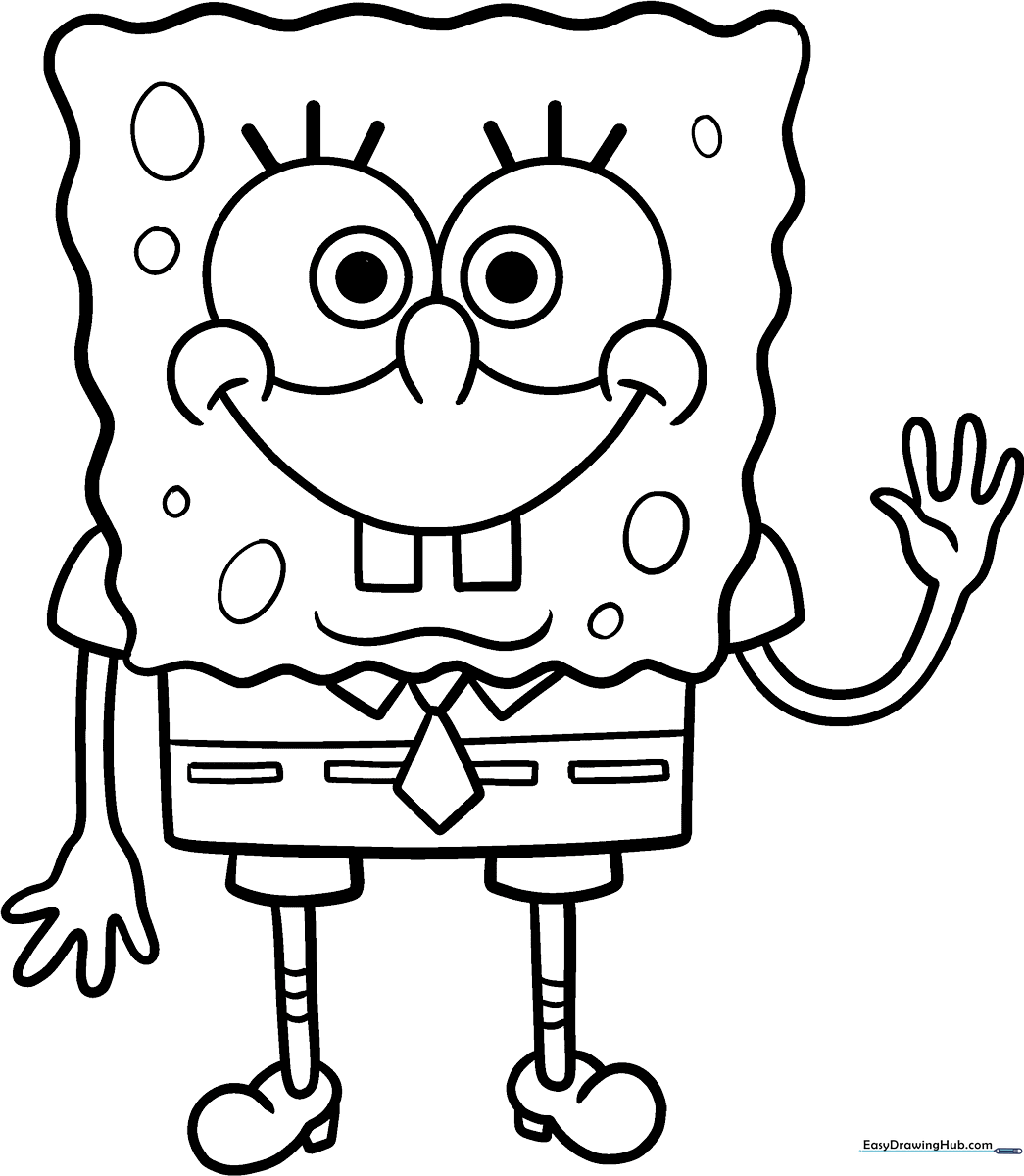 Black and white line art of SpongeBob SquarePants with his signature wide grin, ready for coloring with markers or crayons.