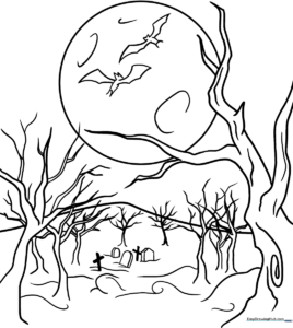 Black and white line art of a spooky forest with twisted trees and a mysterious atmosphere, ready for children to color.