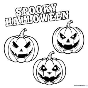 Black and white line art of a festive Halloween card featuring a carved pumpkin and spooky motifs, designed for children to color.