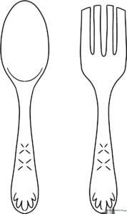 Black and white line art of a friendly cartoon spoon and fork, featuring thick outlines for easy coloring by young children.