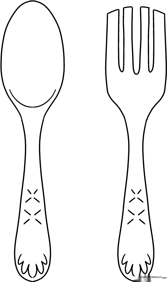 Black and white line art of a friendly cartoon spoon and fork, featuring thick outlines for easy coloring by young children.