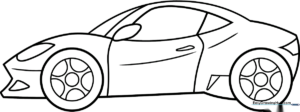 Black and white line art of a sleek sports car with aerodynamic curves and large wheels, designed for children to color.