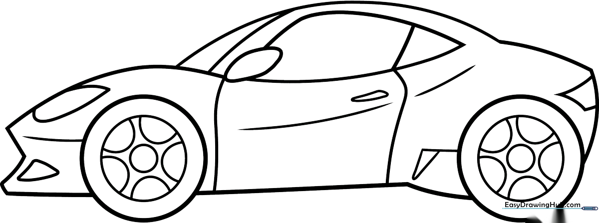 Black and white line art of a sleek sports car with aerodynamic curves and large wheels, designed for children to color.