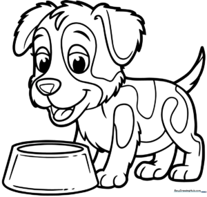 A friendly cartoon puppy with distinct spots eating from a bowl, featuring bold outlines for easy coloring by toddlers and preschoolers.
