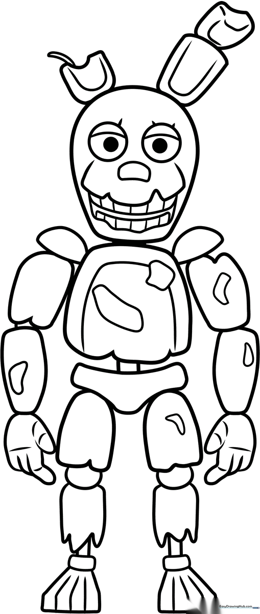 Detailed line art of Springtrap from Five Nights at Freddy's, featuring his mechanical ears and weathered animatronic suit, ready for coloring.
