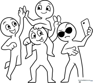 A group of cartoon characters standing together in a friendly pose, featuring clean black outlines ready for coloring with markers or crayons.
