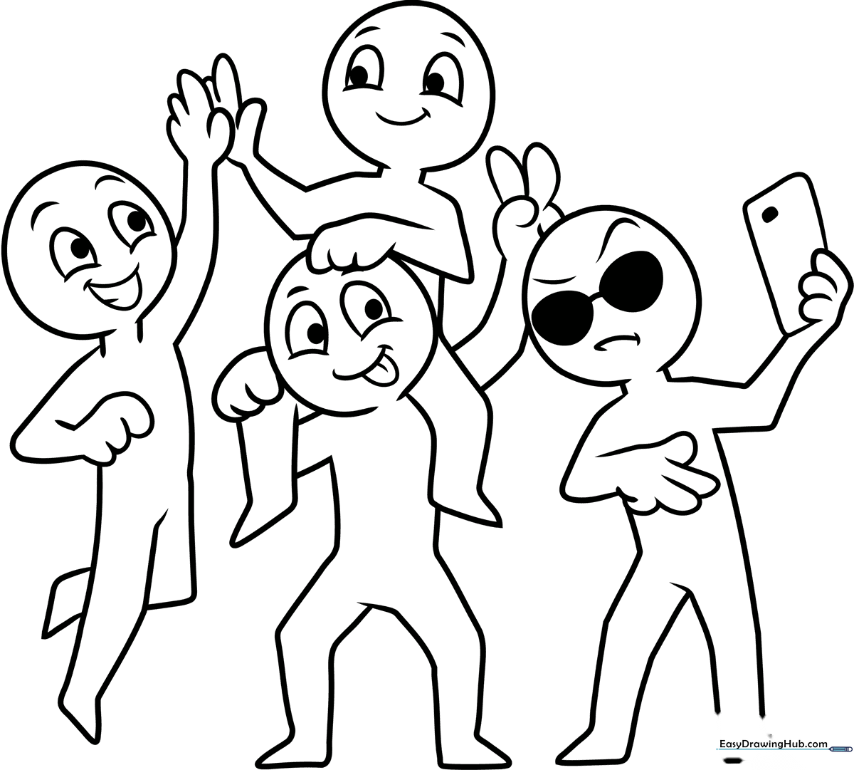 A group of cartoon characters standing together in a friendly pose, featuring clean black outlines ready for coloring with markers or crayons.