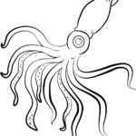 Black and white line art of a friendly squid with large eyes and ten tentacles, ready for children to color.