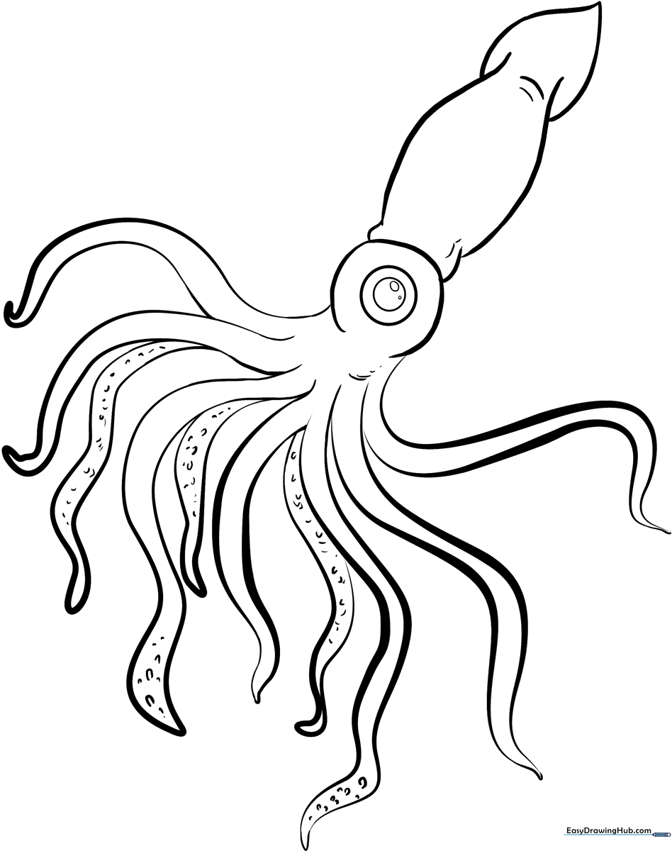 Black and white line art of a friendly squid with large eyes and ten tentacles, ready for children to color.