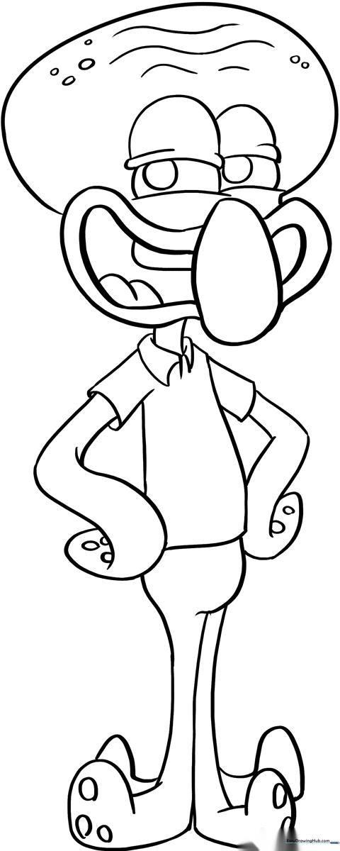 Black and white line art of Squidward Tentacles standing with arms crossed, designed for children to color.