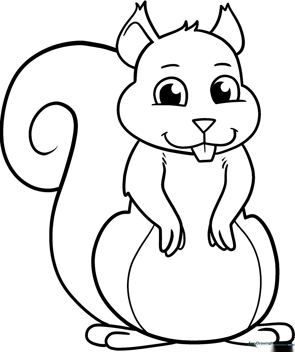 A clean, black-and-white line art illustration of a happy cartoon squirrel with a large, fluffy tail, designed for children to color.