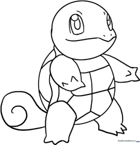 Black and white line art of Squirtle from Pokemon, featuring clear outlines for children to color the shell, tail, and eyes.