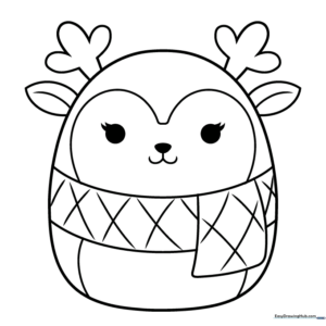 Black and white line art of a round, cute Squishmallow plush toy with a friendly face, ready for children to color.