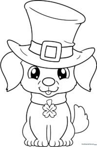 A cute cartoon puppy wearing a festive St. Patrick's Day hat, featuring clean, bold outlines perfect for young children to color.