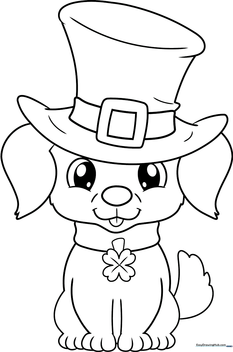 A cute cartoon puppy wearing a festive St. Patrick's Day hat, featuring clean, bold outlines perfect for young children to color.