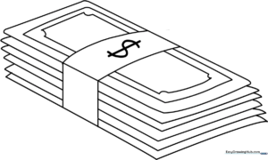 Black and white line art of a neat stack of rectangular bills, designed for children to color with markers or crayons.