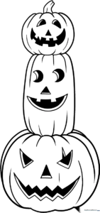 Three pumpkins stacked vertically with carved jack-o'-lantern faces, featuring thick black outlines for easy coloring by children.
