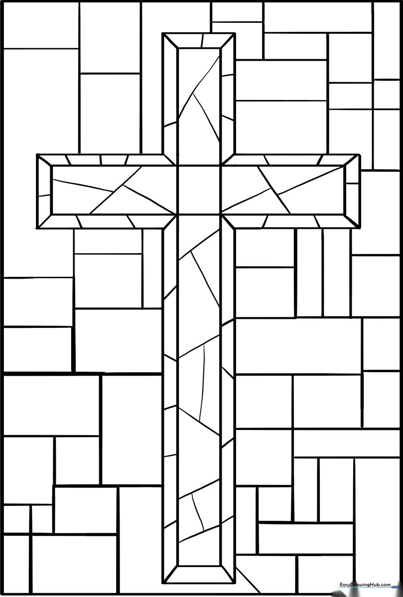 Black and white line art of a stained glass cross with geometric patterns, ready for children to color.