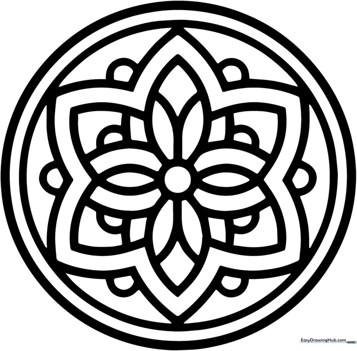 Detailed black and white line art of a circular stained glass mandala featuring geometric petals and intricate patterns for coloring.