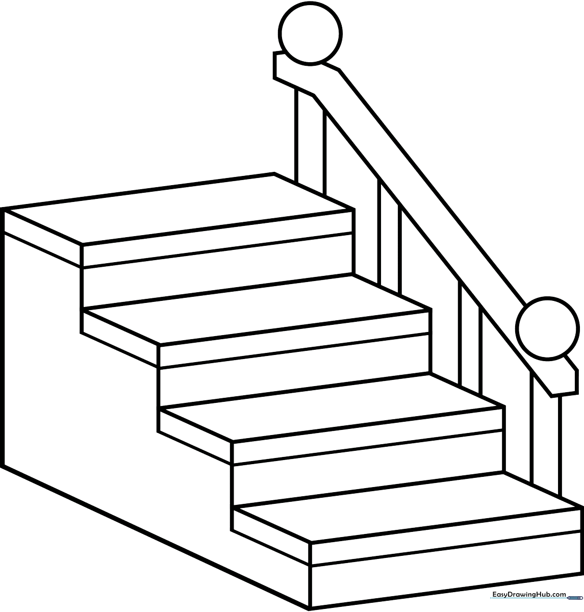 Black and white line art of a simple staircase with clear outlines for children to color, featuring distinct steps and a side railing.