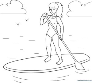 Line art illustration of a person balancing on a stand-up paddle board on calm water, designed for children to color.