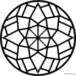 A black and white line art Star Mandala featuring symmetrical geometric patterns and star shapes, designed for children to color.