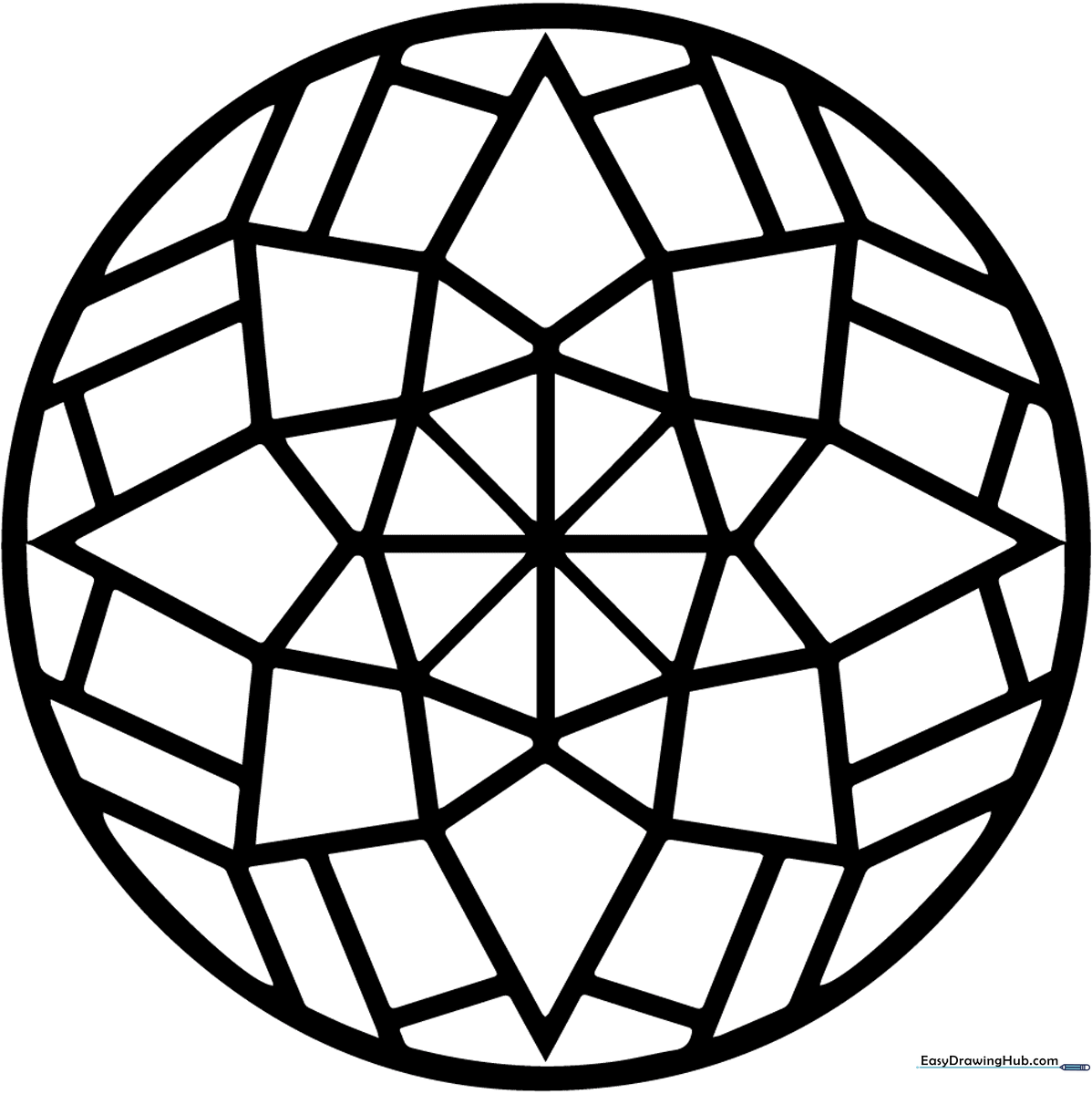A black and white line art Star Mandala featuring symmetrical geometric patterns and star shapes, designed for children to color.