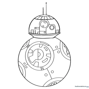 Black and white line art of BB-8 droid for kids to color