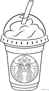 Black and white line art of a Frappuccino in a plastic cup with whipped cream and a straw, designed for children to color.