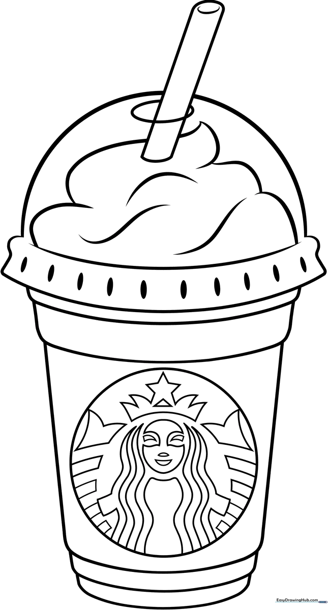 Black and white line art of a Frappuccino in a plastic cup with whipped cream and a straw, designed for children to color.