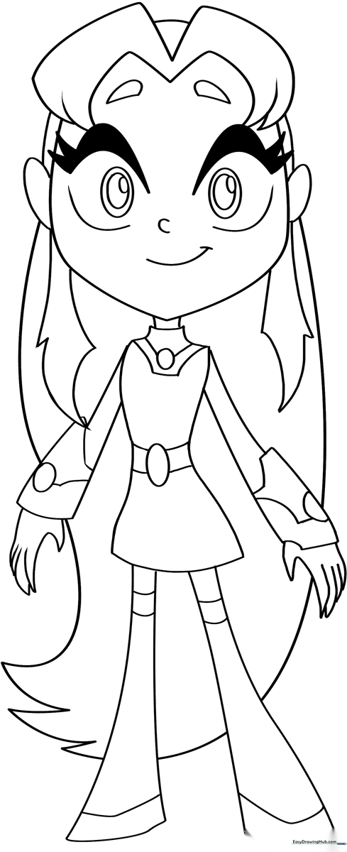 Black and white line art of Starfire from Teen Titans, featuring her signature long hair and superhero suit, ready for coloring.