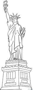 Black and white line art of the Statue of Liberty holding her torch high, designed for children to color.