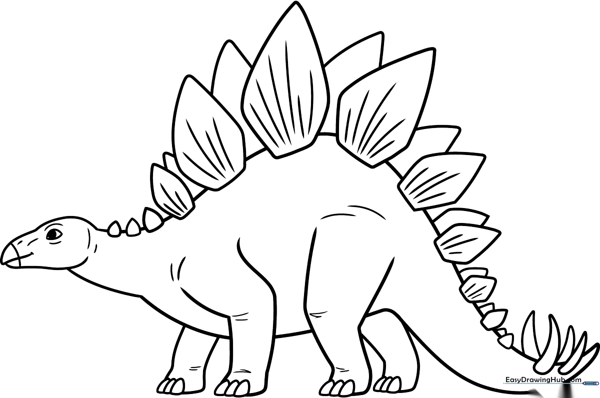Black and white line art of a friendly Stegosaurus with large triangular plates on its back, ready for children to color.