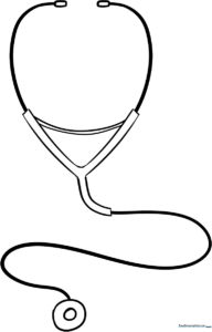 Black and white line art of a clinical stethoscope with clear, bold outlines for easy coloring by children.