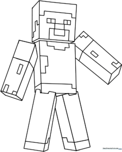 Black and white line art of Steve from Minecraft standing in a classic pose, featuring clean outlines for easy coloring by children.