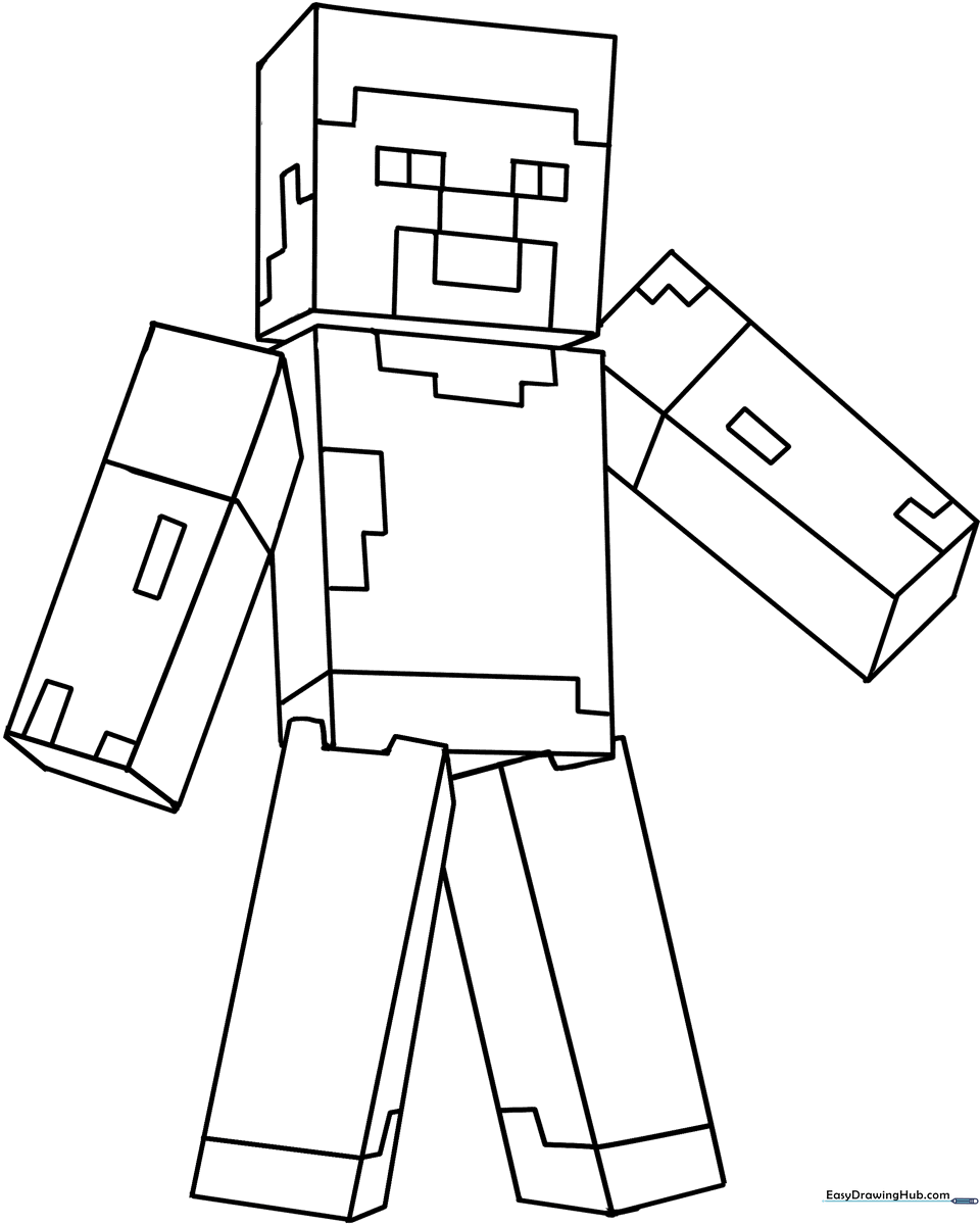 Black and white line art of Steve from Minecraft standing in a classic pose, featuring clean outlines for easy coloring by children.