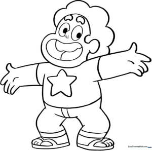 Black and white line art of Steven Universe featuring his signature curly hair and star-patterned shirt, ready for coloring.