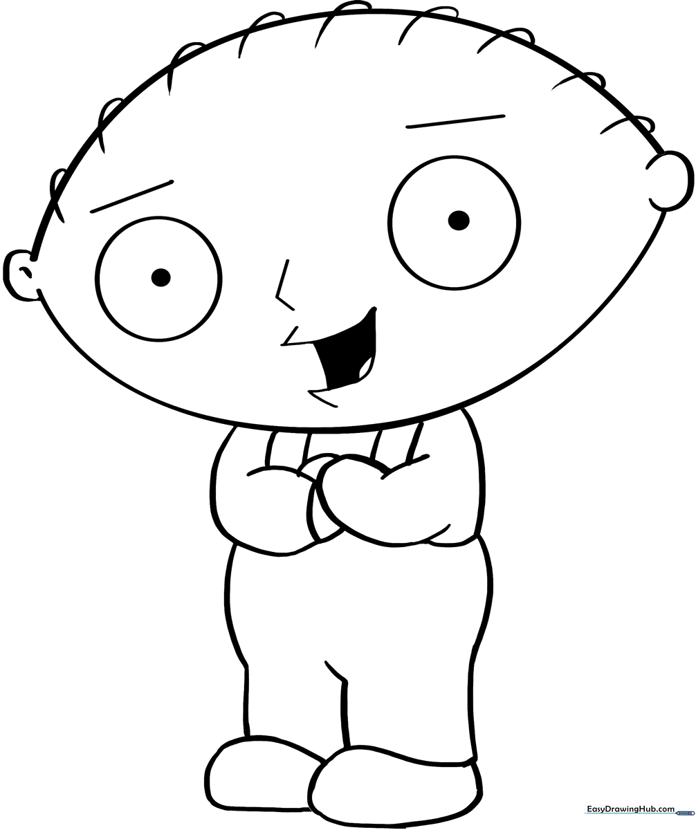 Black and white line art of Stewie Griffin from Family Guy, featuring his signature football-shaped head and overalls, ready for coloring.