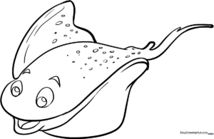 Black and white line art of a smiling stingray with wide wings, designed for children to color with crayons or markers.