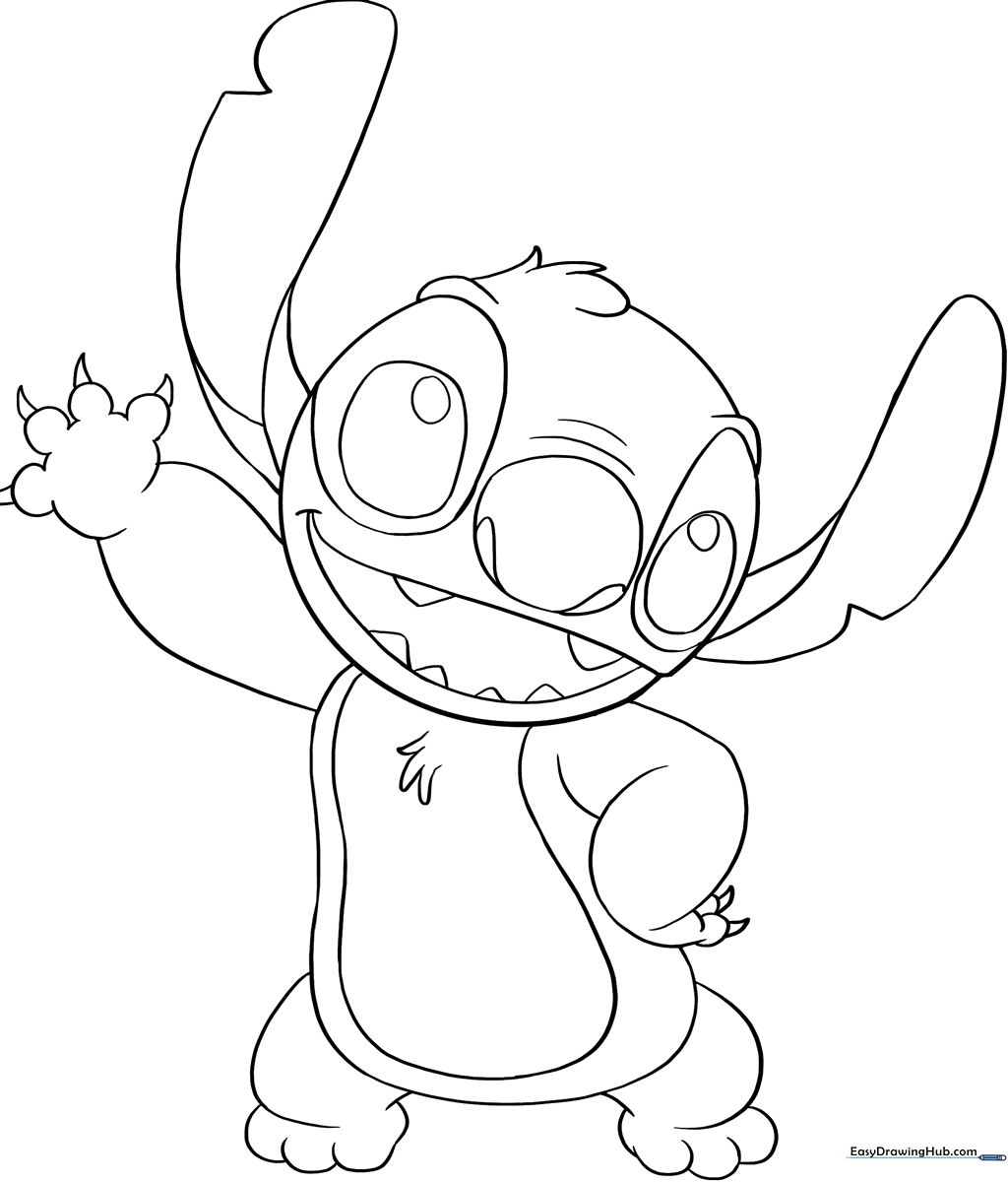 Black and white line art of Stitch from Lilo and Stitch, featuring clear outlines for easy coloring by children.