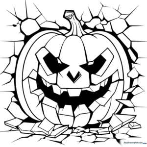 Black and white line art of a pumpkin with a stony, textured surface, ready for children to color with crayons or markers.