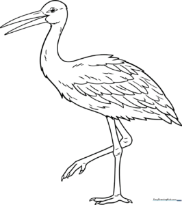 Black and white line art of a friendly cartoon stork standing on one leg, featuring clear outlines for easy coloring by children.