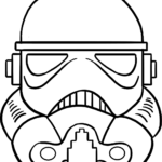 Black and white line art of a Stormtrooper helmet with clean, bold outlines, ready for kids to color.
