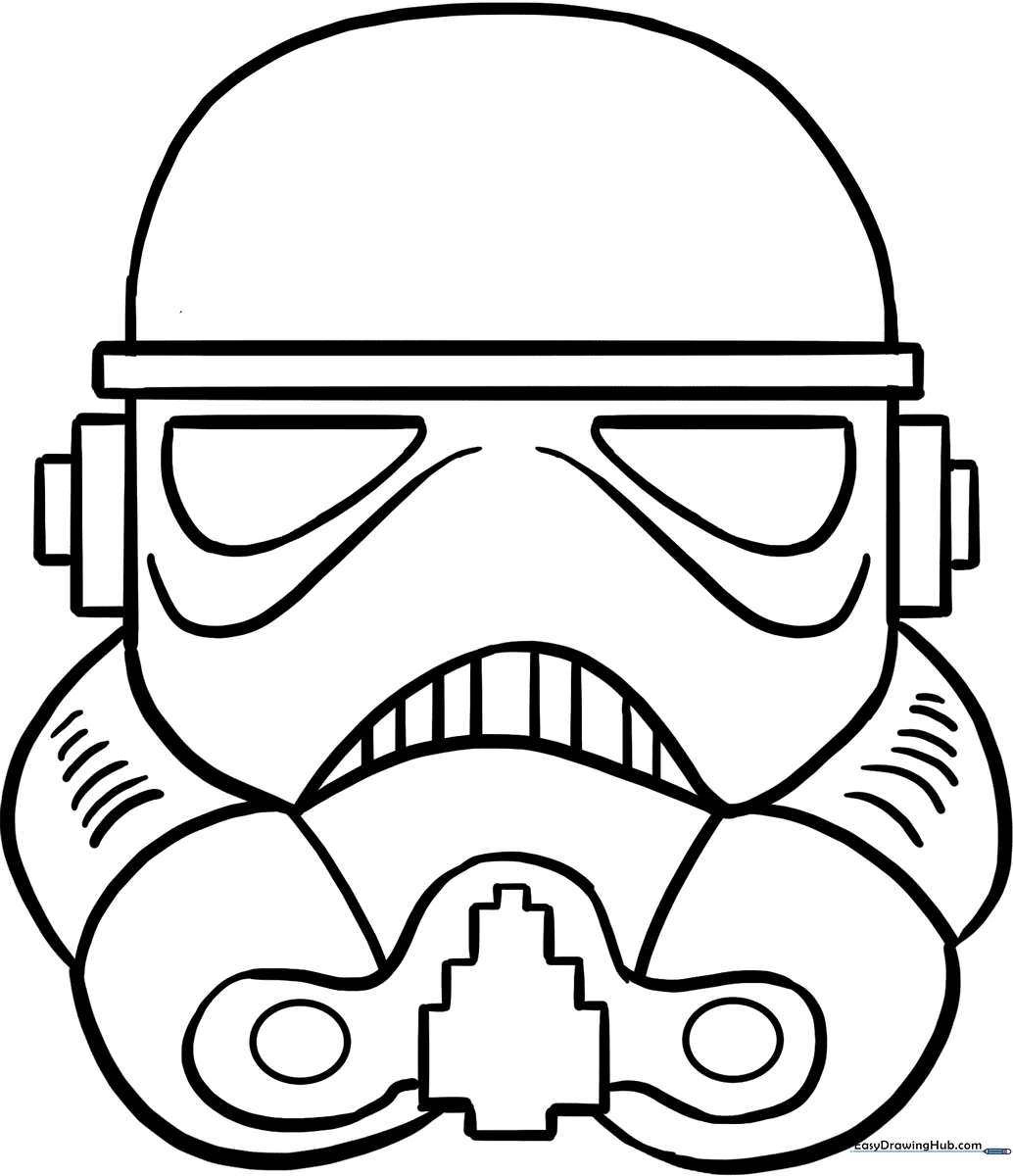 Black and white line art of a Stormtrooper helmet with clean, bold outlines, ready for kids to color.