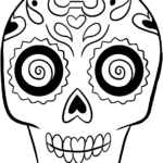Black and white line art of a decorative sugar skull with floral eye sockets and ornate forehead patterns, ready for coloring.