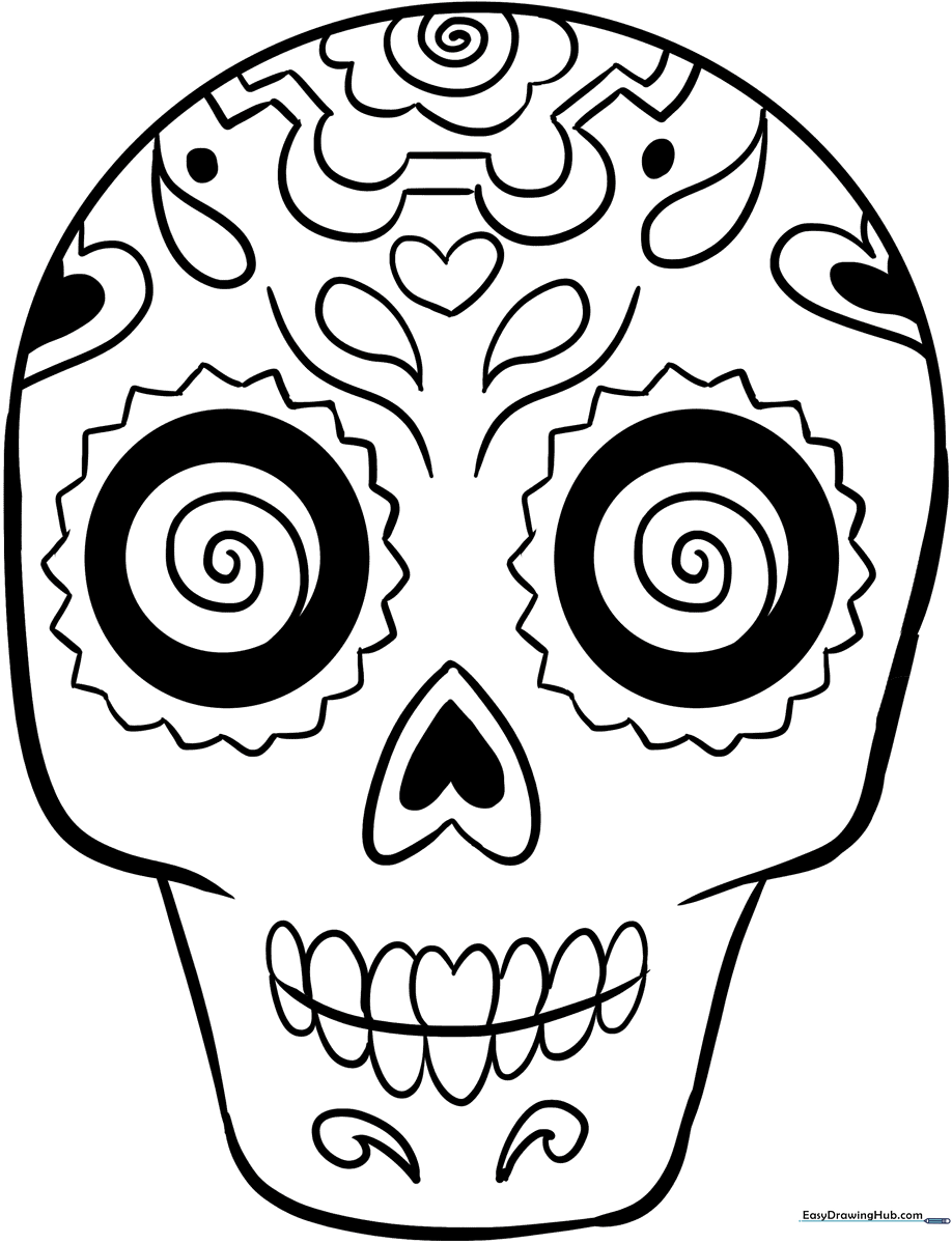 Black and white line art of a decorative sugar skull with floral eye sockets and ornate forehead patterns, ready for coloring.