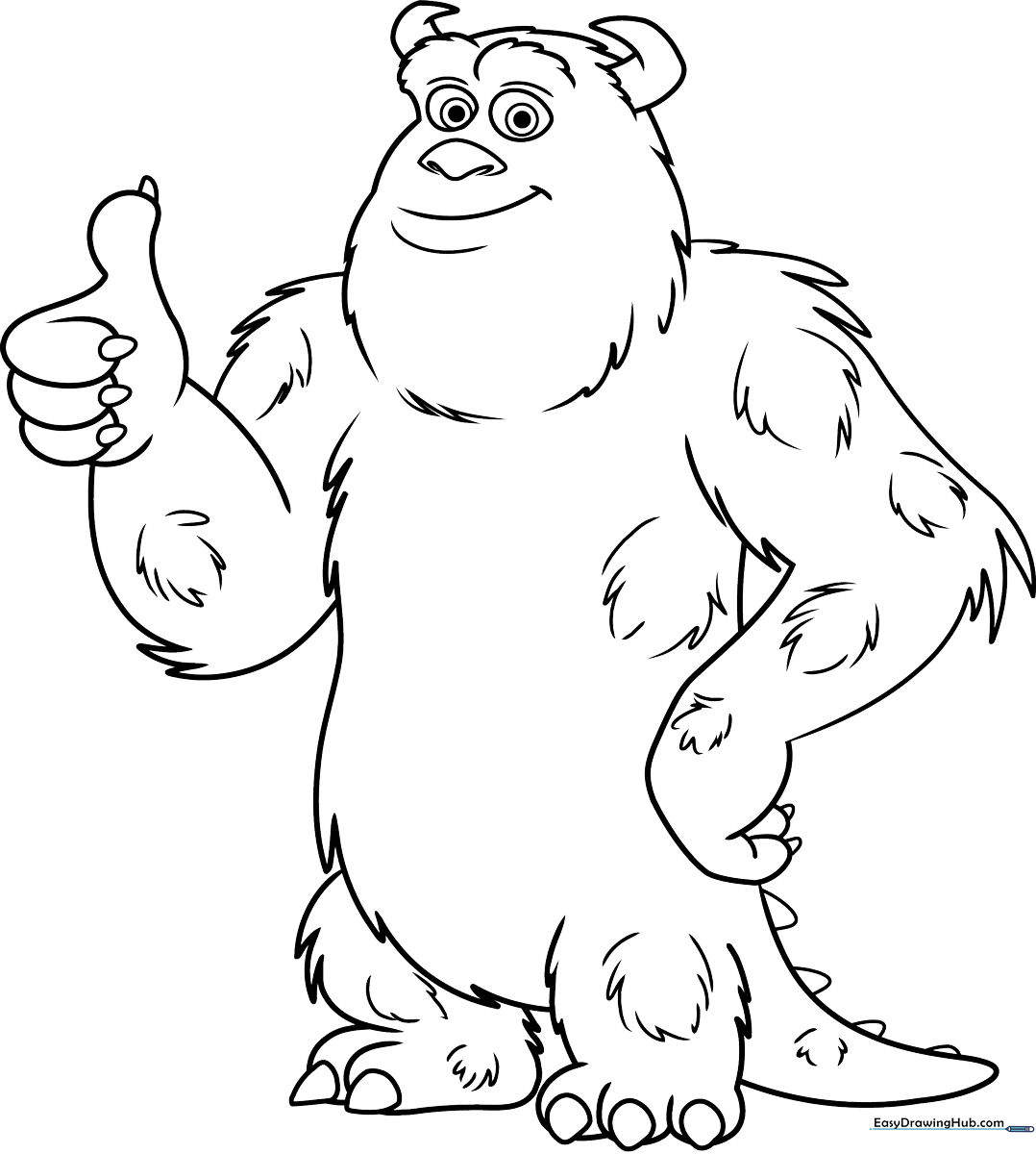 Black and white line art of Sully from Monsters Inc, featuring his friendly expression, large horns, and iconic spots, ready for kids to color.